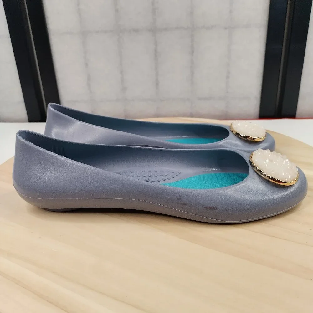 OKA B. Jelly Rubber Ballet Flats Heather Blue w/ Deco Geode Women US 8